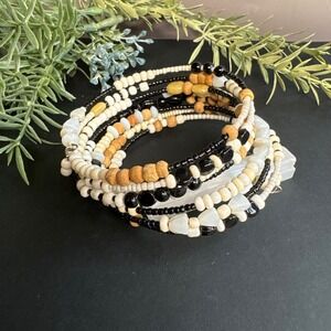 Beaded Coil Bracelet | Gemstone Wood Acrylic Mix | Wrap Style | Boho Layered